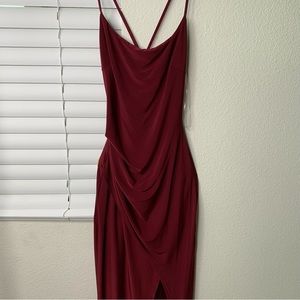 Burgundy Satin High Slit Cross back Maxi Dress Gown